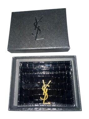 Black Croc Embossed Card Holder Slim Wallet Credit Card Case Gold Hardware